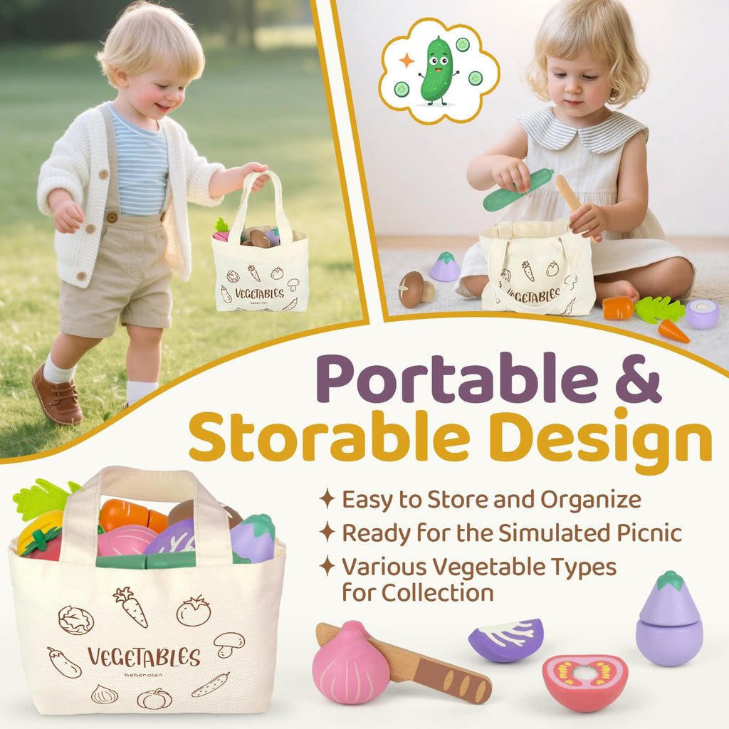 Beberolen Wooden Play Food Set for Kids Kitchen - 8 Vegetables with Knife and Storage Bag, Cutting Pretend Play Toys for Toddlers 1-3 Year Old
