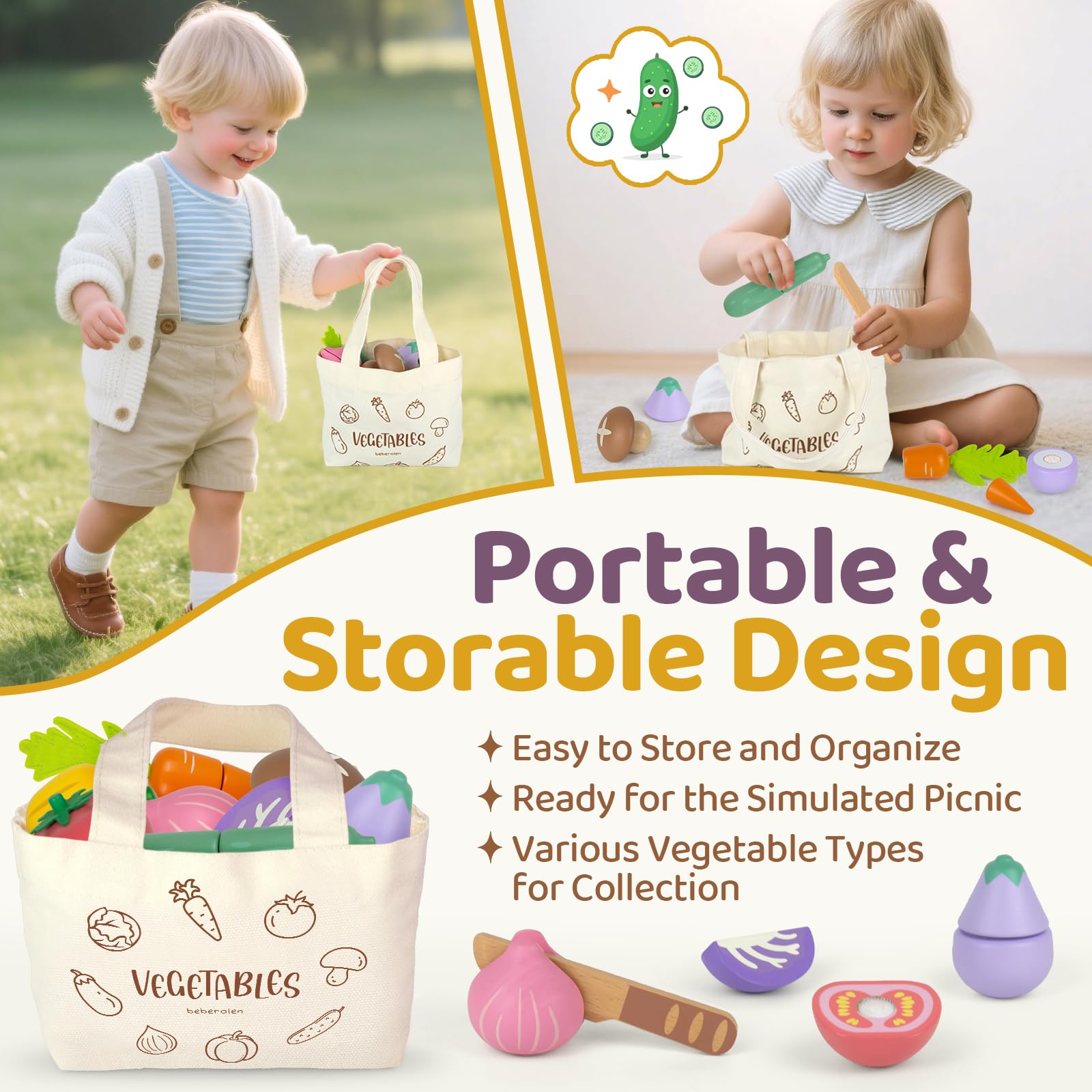Beberolen Wooden Play Food Set for Kids Kitchen - 8 Vegetables with Knife and Storage Bag, Cutting Pretend Play Toys for Toddlers 1-3 Year Old