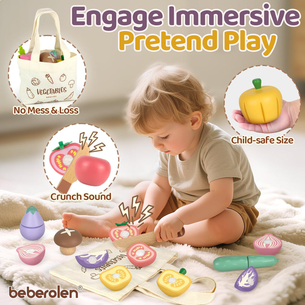 Beberolen Wooden Play Food Set for Kids Kitchen - 8 Vegetables with Knife and Storage Bag, Cutting Pretend Play Toys for Toddlers 1-3 Year Old