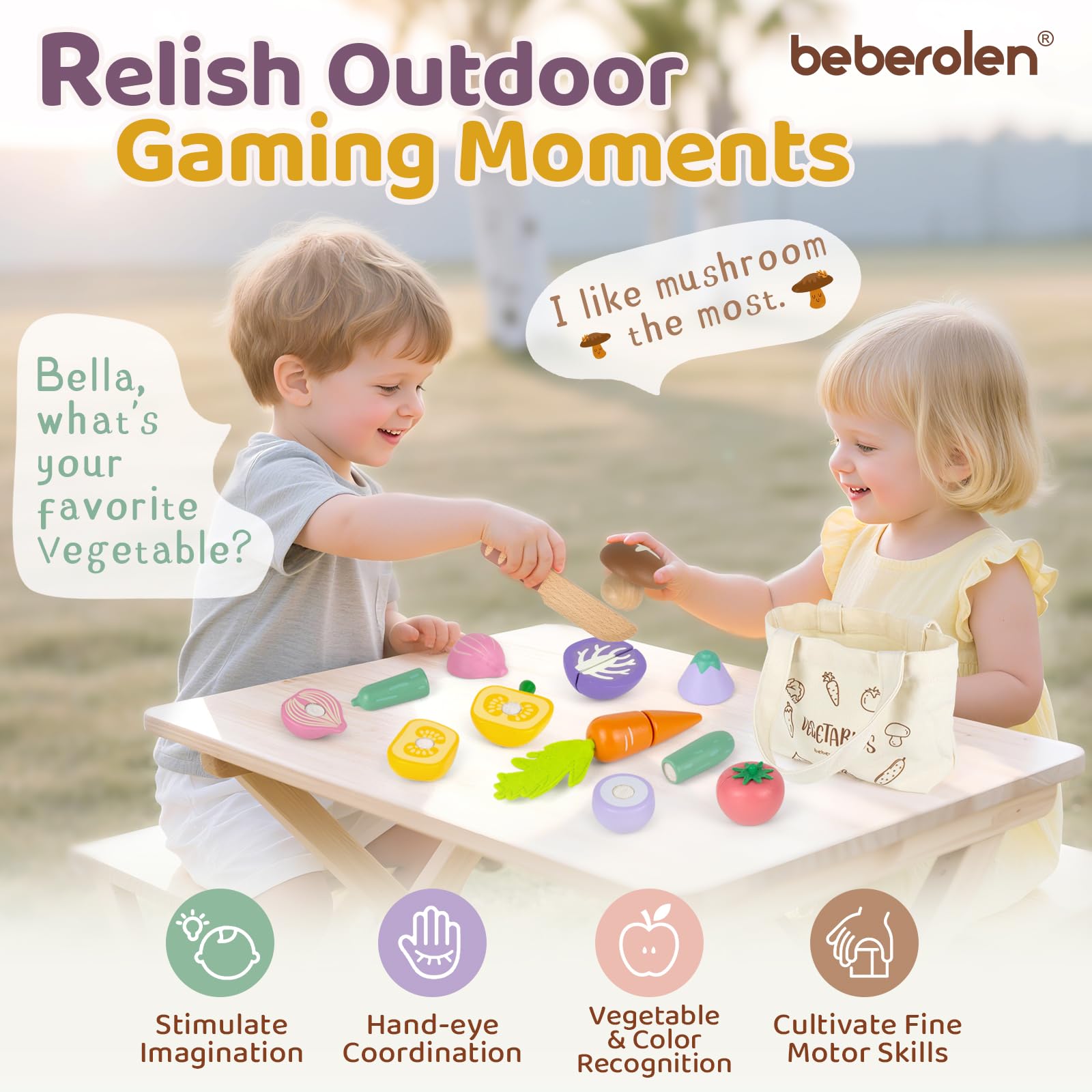 Beberolen Wooden Play Food Set for Kids Kitchen - 8 Vegetables with Knife and Storage Bag, Cutting Pretend Play Toys for Toddlers 1-3 Year Old