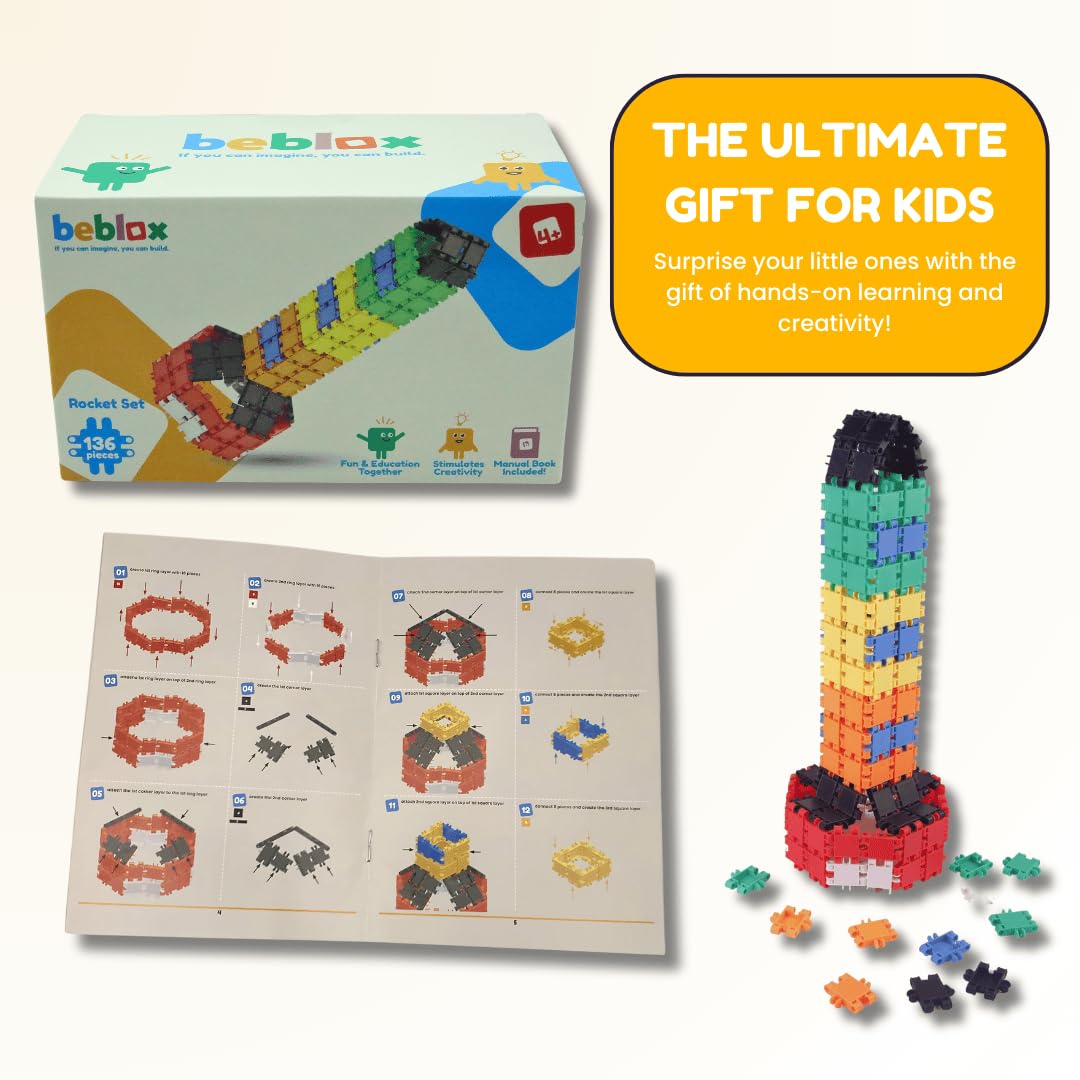 BEBLOX Rocket Building Blocks Set - 136-Piece STEM Toy for Kids Ages 4+