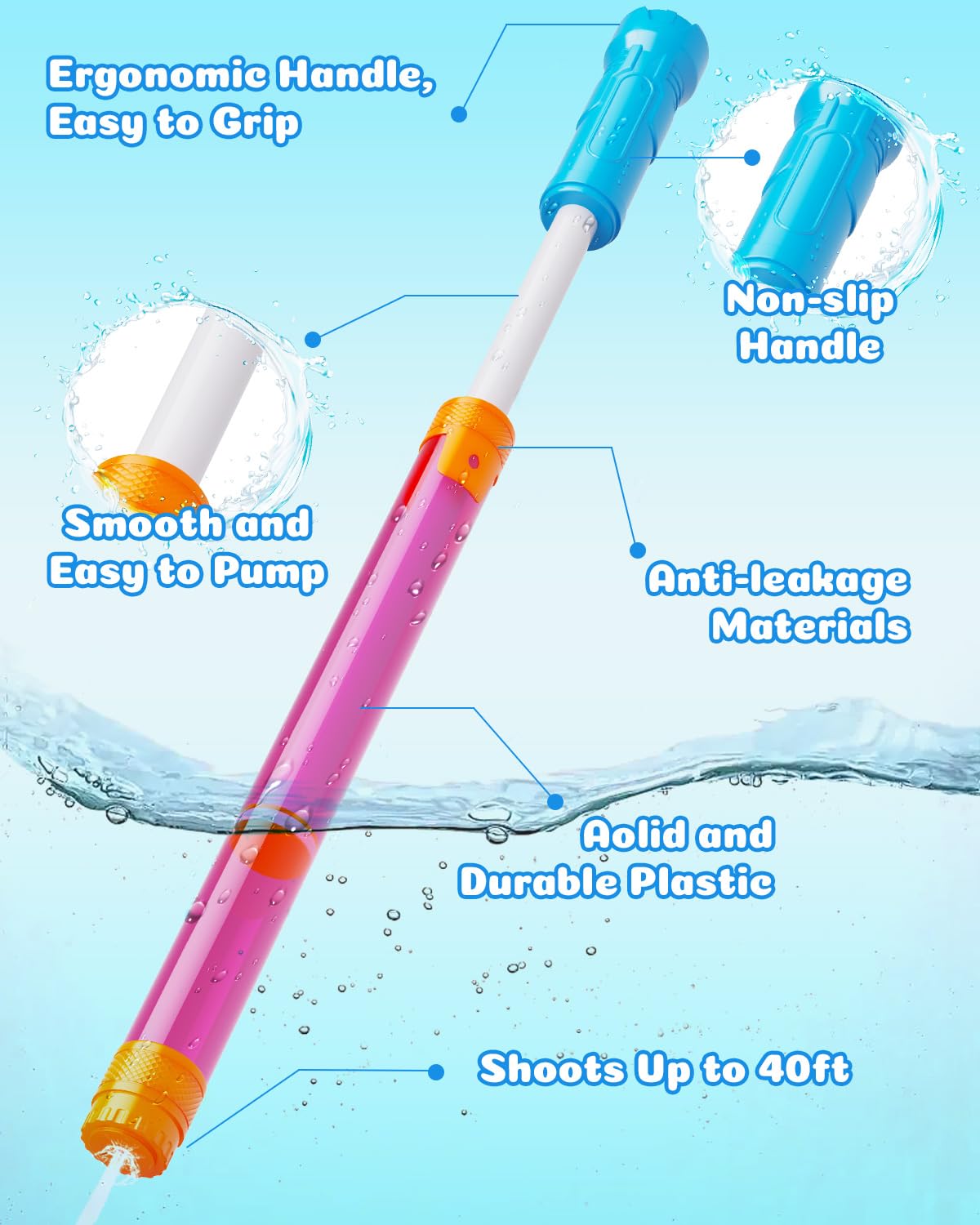 BebouToye 4 Pack Water Blasters - 40ft Range Squirt Guns for Kids Ages 3-12, Pool Beach Summer Toy