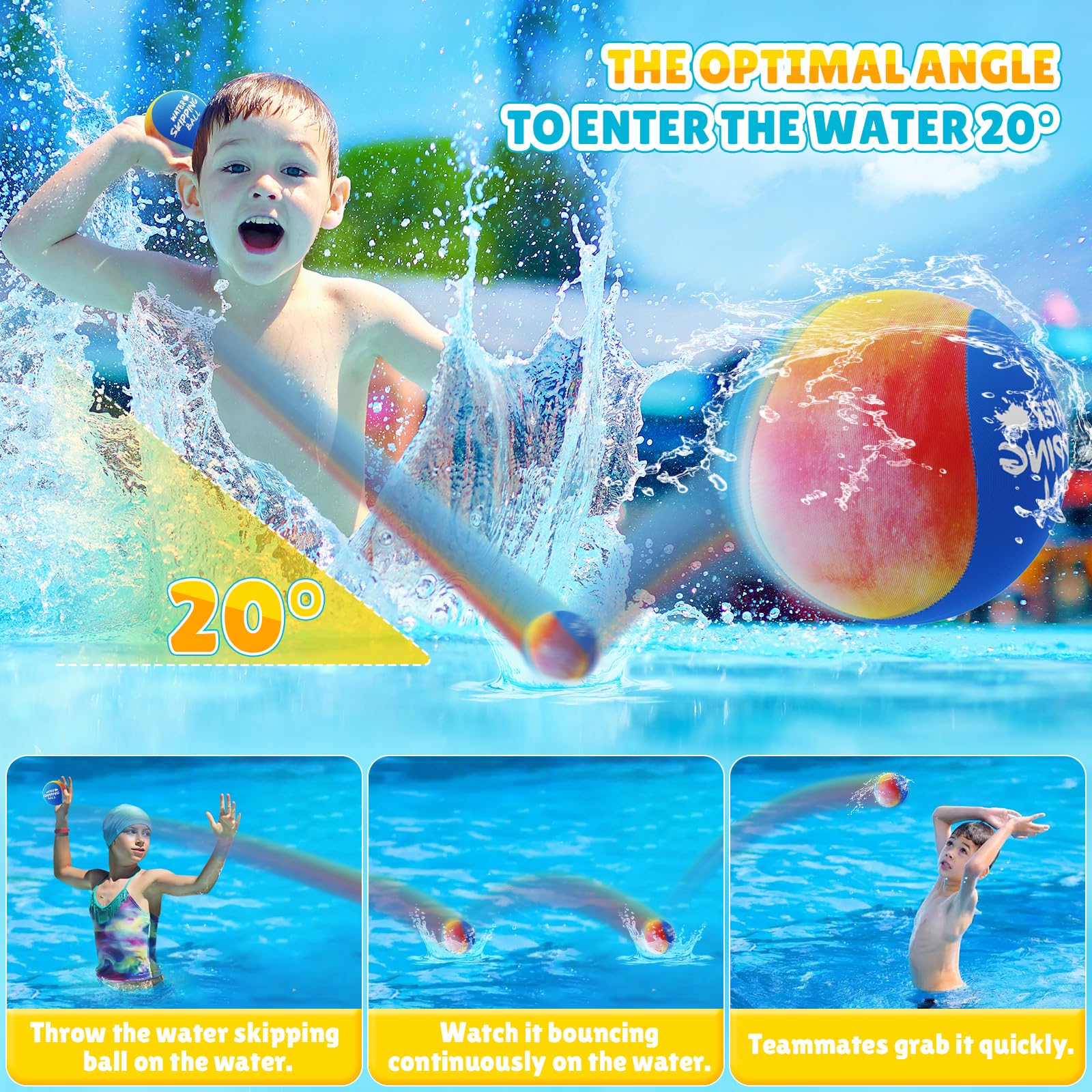 BebouToye Water Skipping Balls 3-Pack – Silicone Water Bounce Balls for Pool, Lake, Beach Fun for Kids and Adults