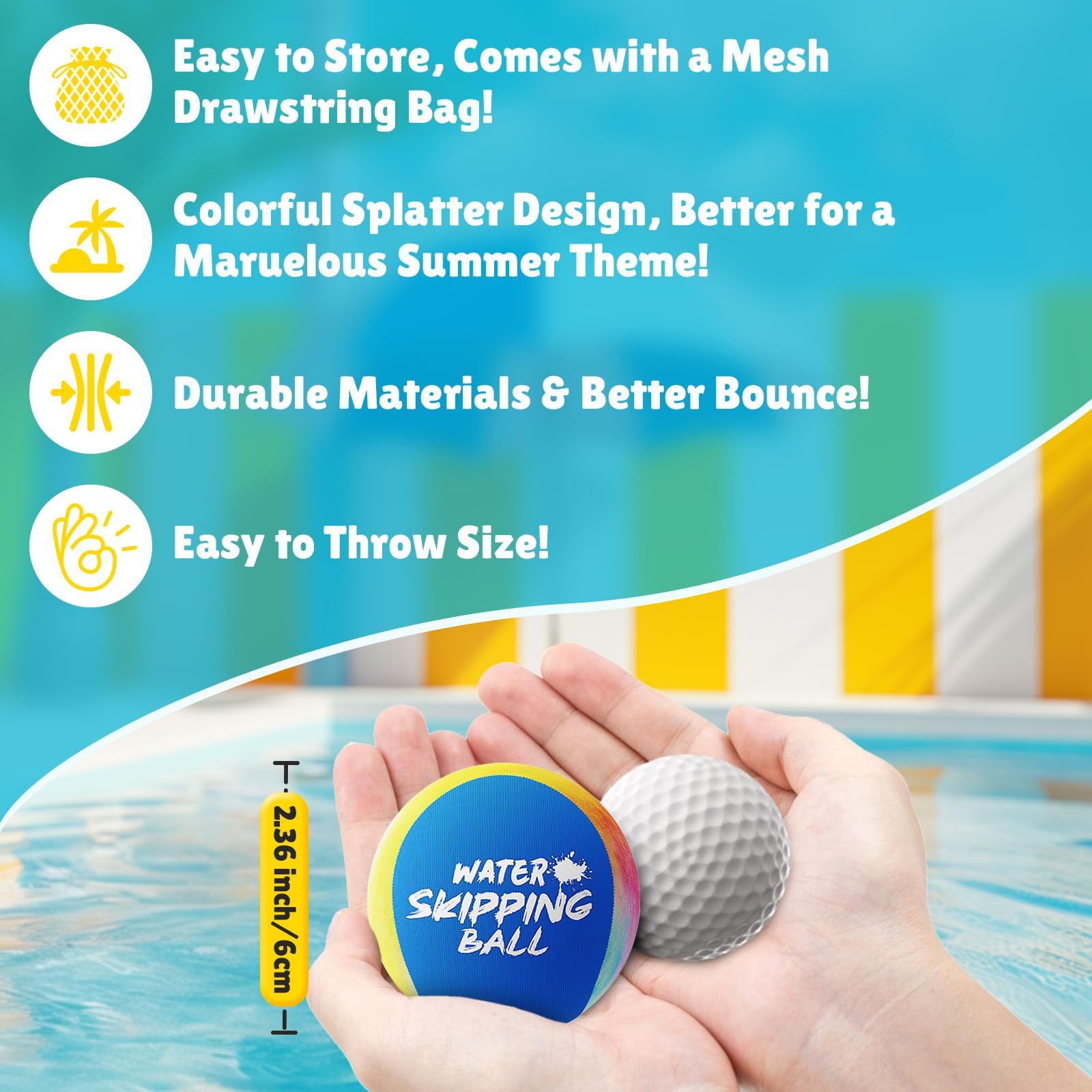 BebouToye Water Skipping Balls 3-Pack – Silicone Water Bounce Balls for Pool, Lake, Beach Fun for Kids and Adults