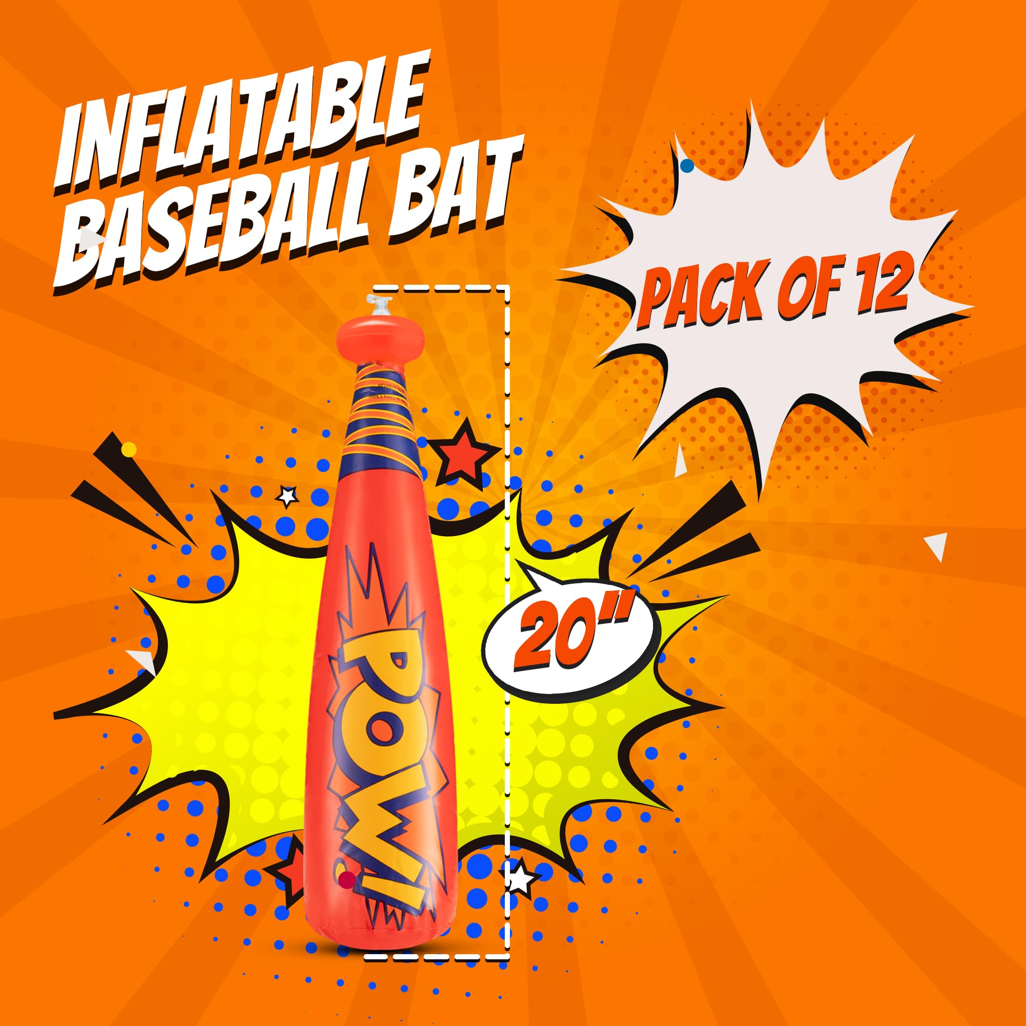 Bedwina 12-Pack 20-Inch Inflatable Baseball Bats - Colorful Vinyl Bats with 'Pow' - Carnival Prizes and Party Favors