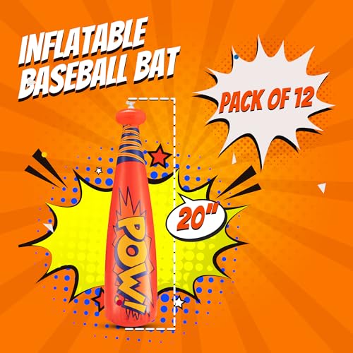 Bedwina 12-Pack 20-Inch Inflatable Baseball Bats - Colorful Vinyl Bats with 'Pow' - Carnival Prizes and Party Favors