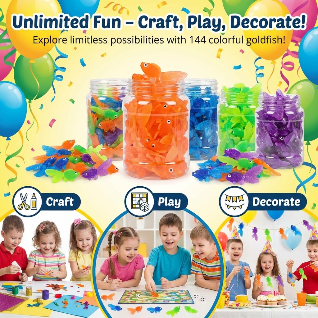 Bedwina 144-Pack Plastic Vinyl Goldfish Toys - 2 Inch Assorted Neon Colors for Party Favors, Crafts, and Games