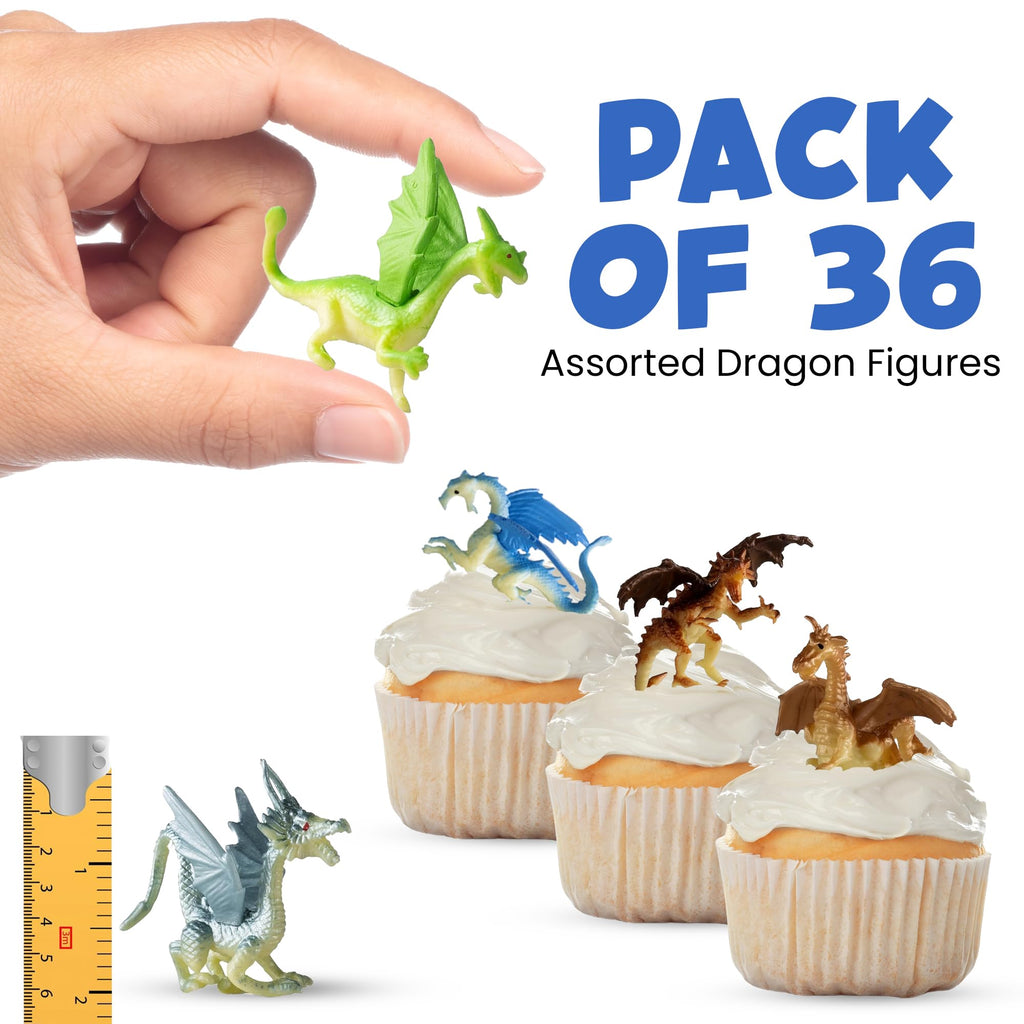 Bedwina 36-Pack Mini Dragon Toys – 2 Inch Assorted Rubber Plastic Figurines for Party Favors, Cupcake Toppers, and Creative Play