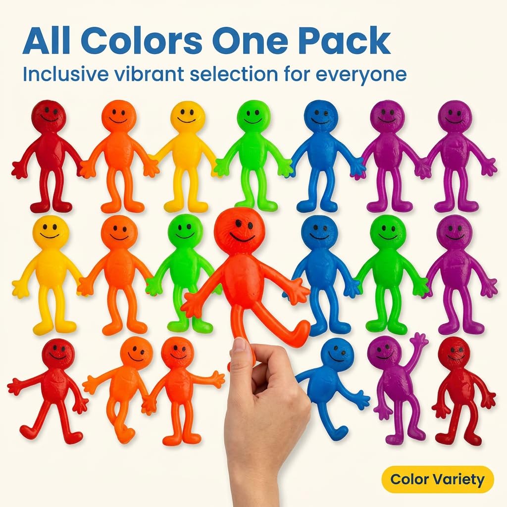 Bedwina 36-Pack Stretchy Bendable Smiley Men – Fidget Toys for Stress Relief, Party Favors, Stocking Stuffers – Assorted Bright Colors