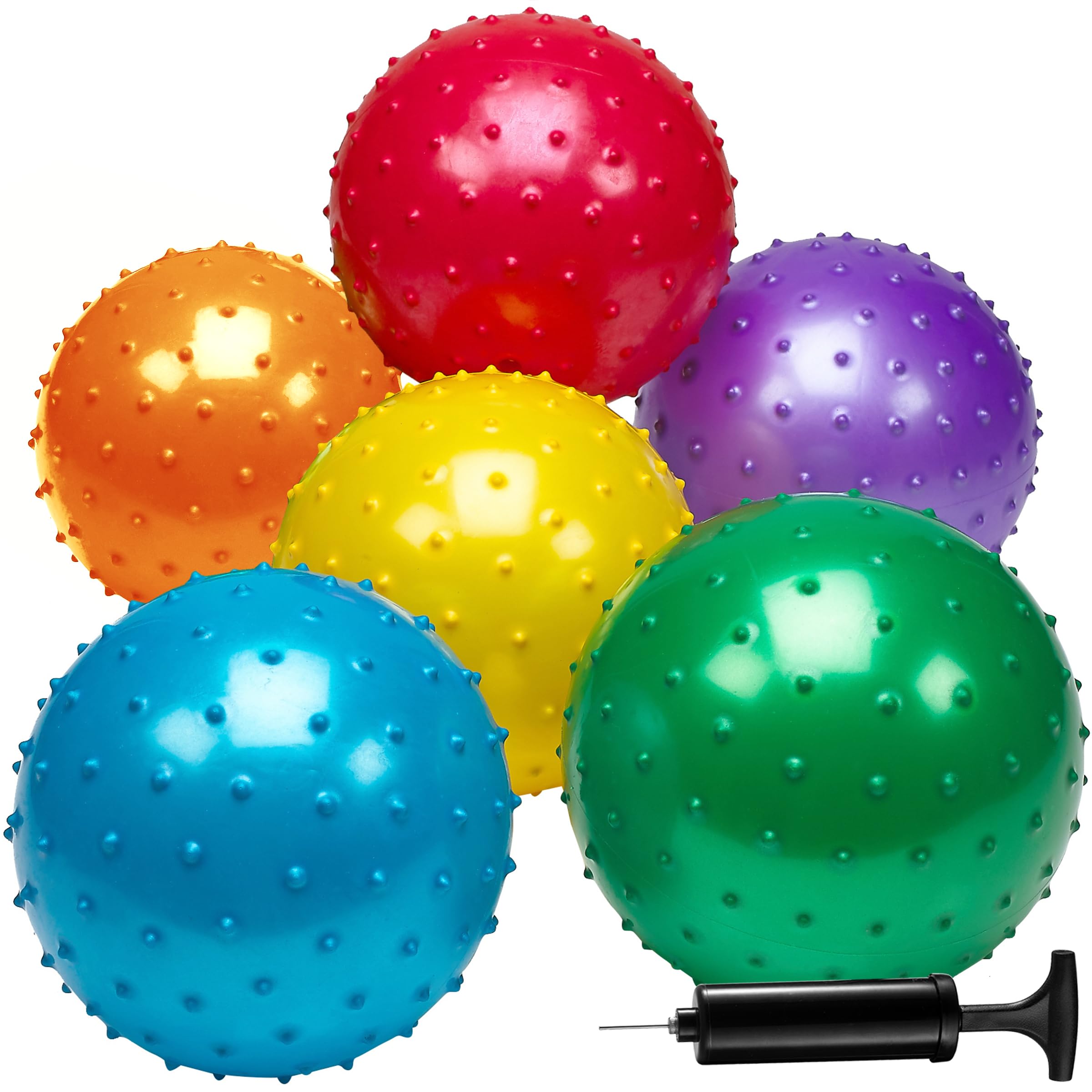 Bedwina 7-Inch Knobby Sensory Balls 6-Pack – Inflatable Spiky Massage Balls with Hand Pump, Assorted Colors for Toddlers and Kids