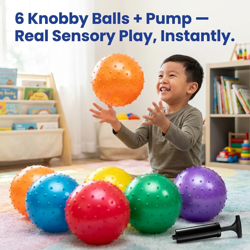 Bedwina 7-Inch Knobby Sensory Balls 6-Pack – Inflatable Spiky Massage Balls with Hand Pump, Assorted Colors for Toddlers and Kids