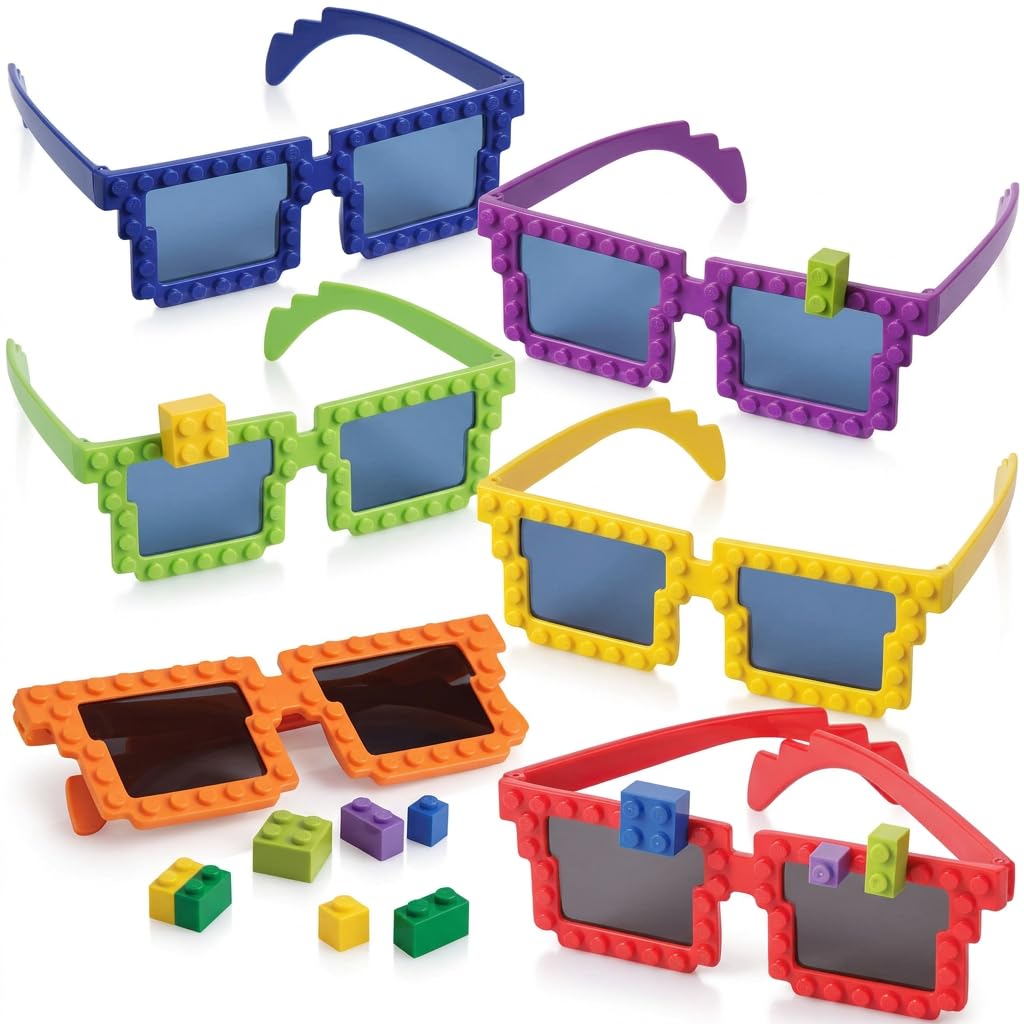 Bedwina Block Building Glasses – 6 Neon Sunglasses with Extra Bricks for DIY Party Favors