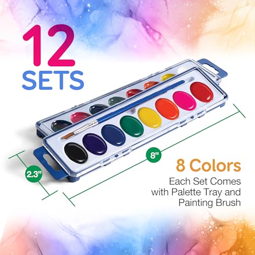 Bedwina Bulk Pack of 12 Watercolor Paint Sets for Kids - 8 Washable Colors with Palette and Brush