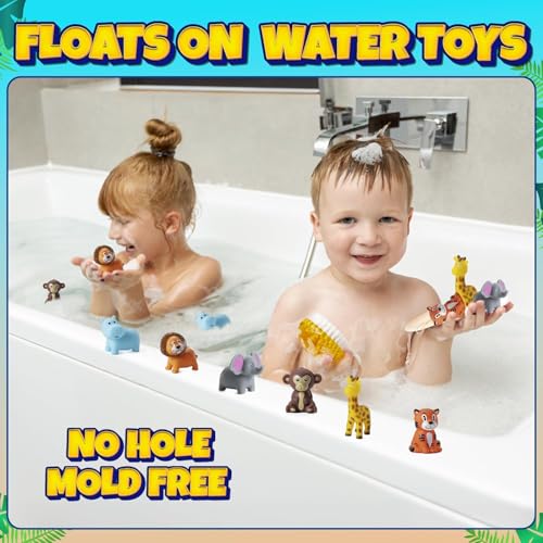 Bedwina Mini Zoo Animals Bath Toys - Pack of 12 Vinyl Jungle Safari Figures for Tub, Pool, Cakes, and Party Favors