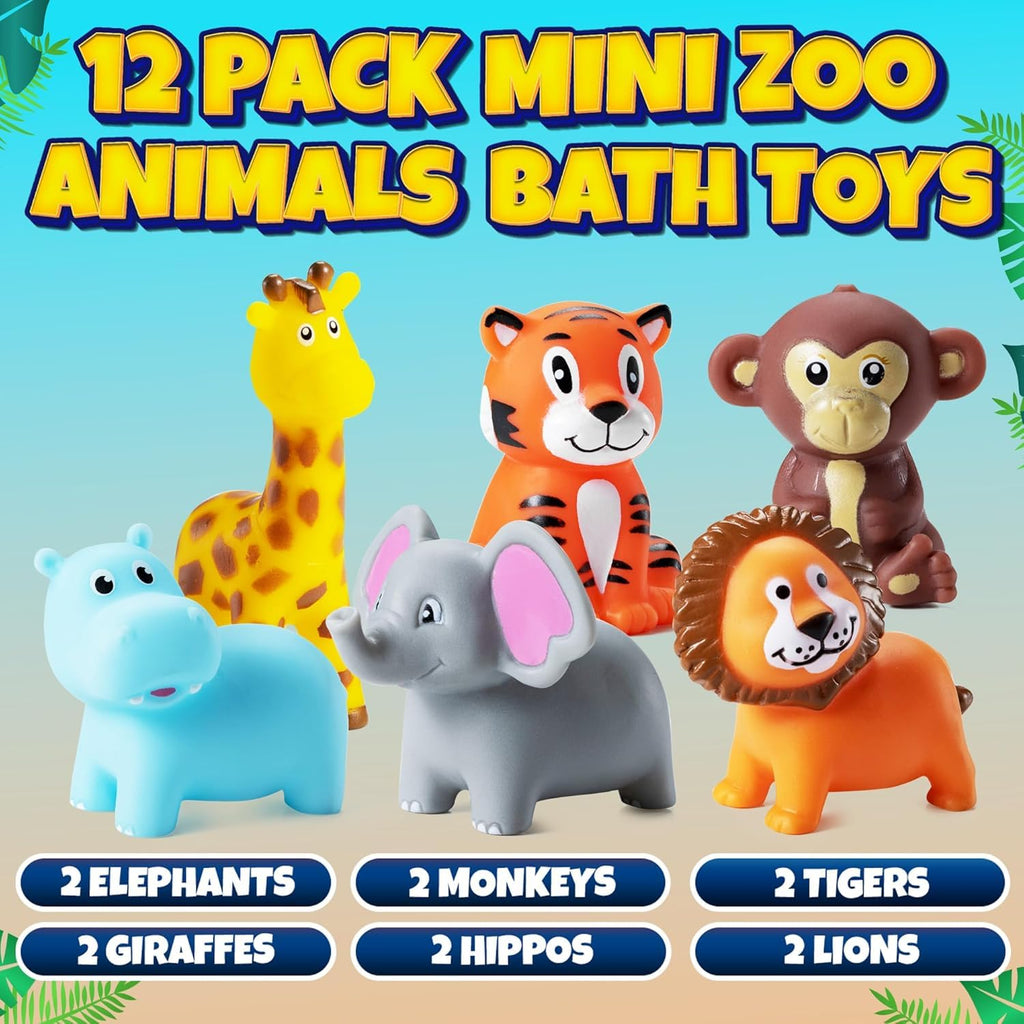 Bedwina Mini Zoo Animals Bath Toys - Pack of 12 Vinyl Jungle Safari Figures for Tub, Pool, Cakes, and Party Favors