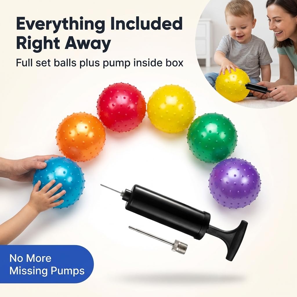 Bedwina Pack of 12 Mini Knobby Sensory Balls - 5 Inch Spiky Bouncy Balls with Hand Pump, Assorted Colors