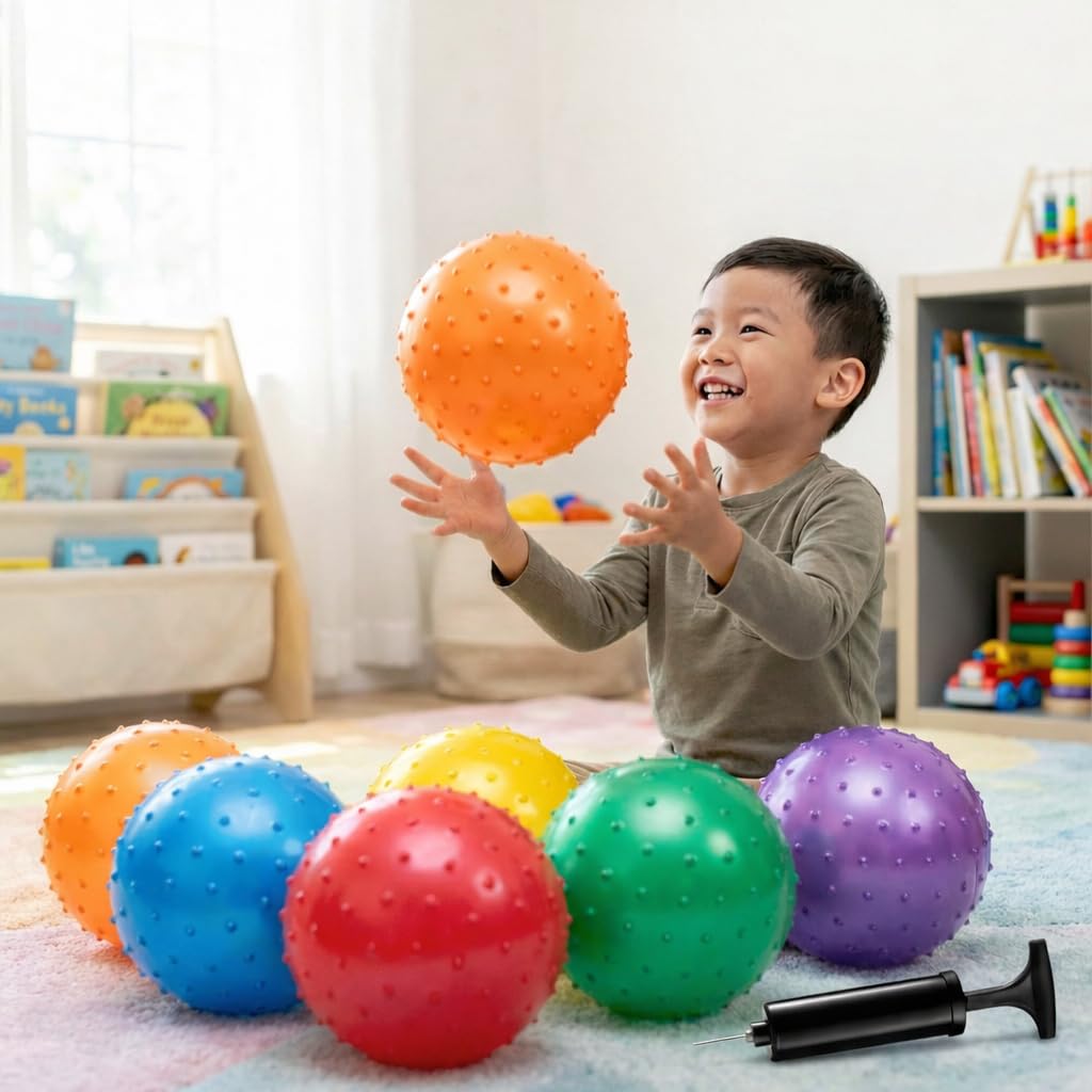 Bedwina Pack of 12 Mini Knobby Sensory Balls - 5 Inch Spiky Bouncy Balls with Hand Pump, Assorted Colors