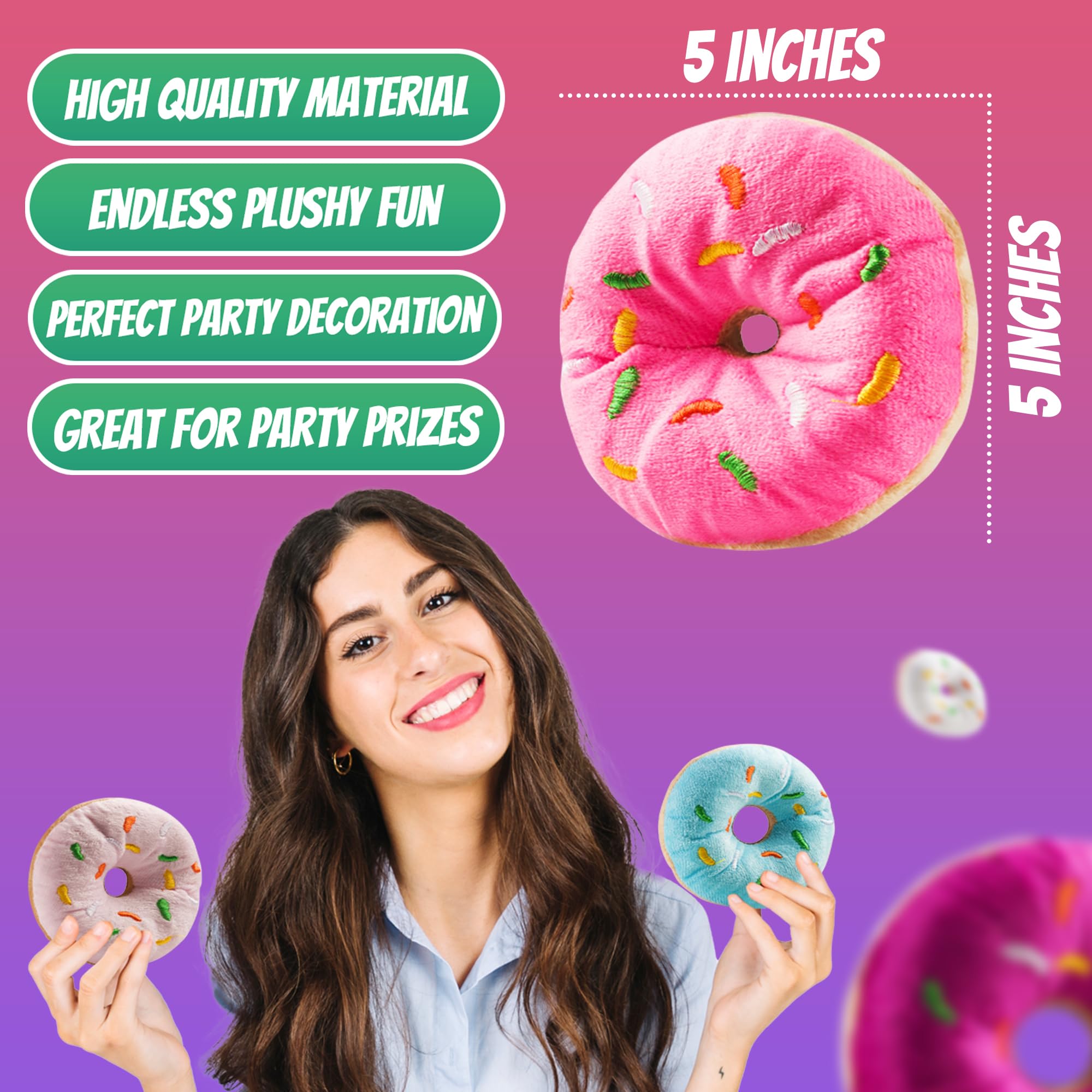Bedwina Plush Donut Toys (Pack of 6) – Soft Stuffed Donuts with Stitched Sprinkles for Party Favors and Classroom Prizes