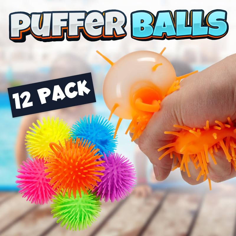 Bedwina Puffer Balls Pack of 6 - Neon Squishy Stress Relief Fidget Toys for Kids and Adults, Sensory Party Favors