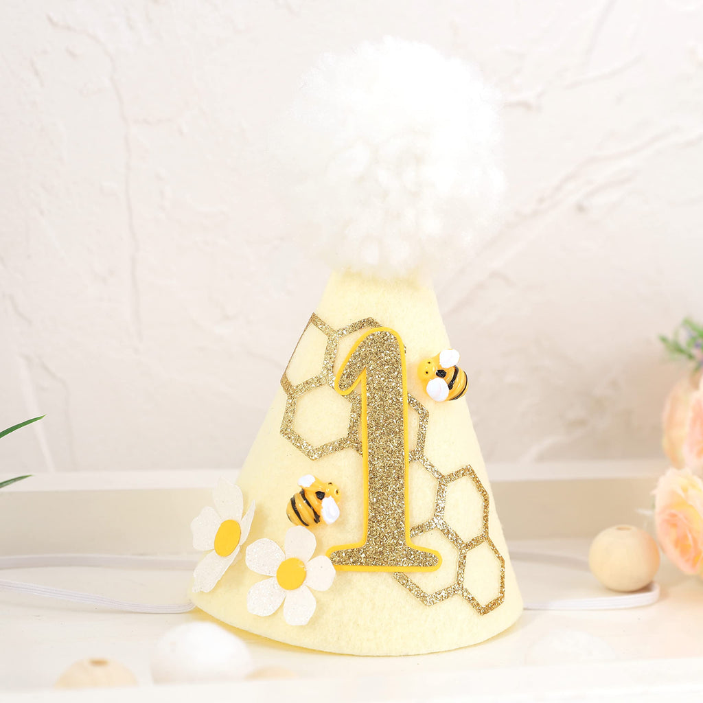 Bee 1st Birthday Cone Hat with Photo Props for Baby's First Birthday Party