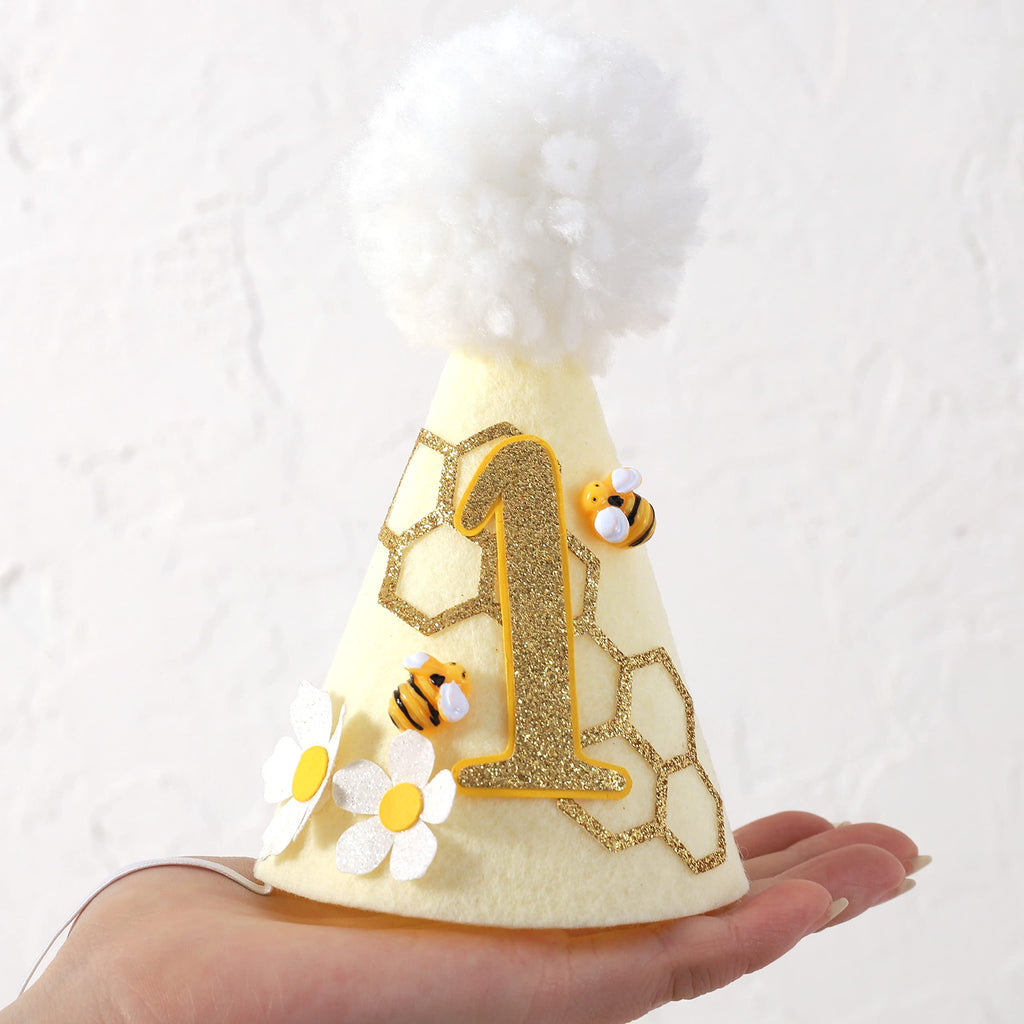 Bee 1st Birthday Cone Hat with Photo Props for Baby's First Birthday Party