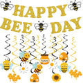 Bee Birthday Party Decorations – Glitter Happy Bee Day Banner with Hanging Swirls, Gold Cardstock, Pre-Strung, 14 Pieces