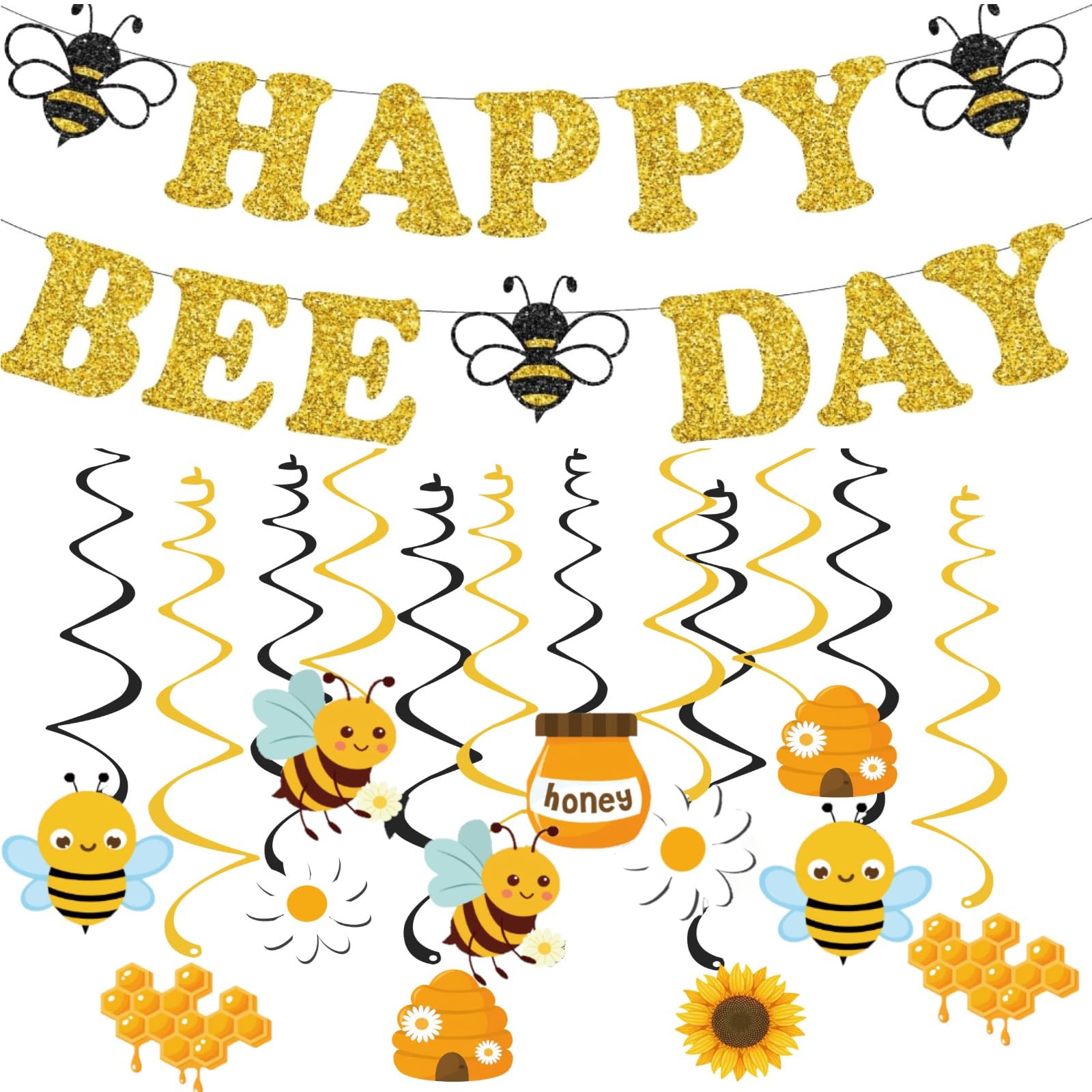 Bee Birthday Party Decorations – Glitter Happy Bee Day Banner with Hanging Swirls, Gold Cardstock, Pre-Strung, 14 Pieces
