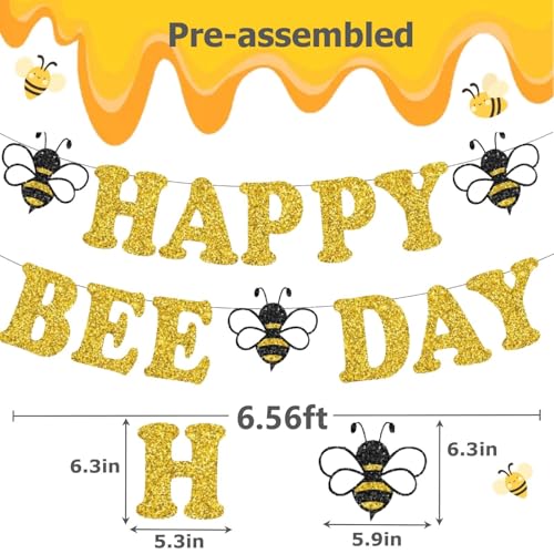Bee Birthday Party Decorations – Glitter Happy Bee Day Banner with Hanging Swirls, Gold Cardstock, Pre-Strung, 14 Pieces