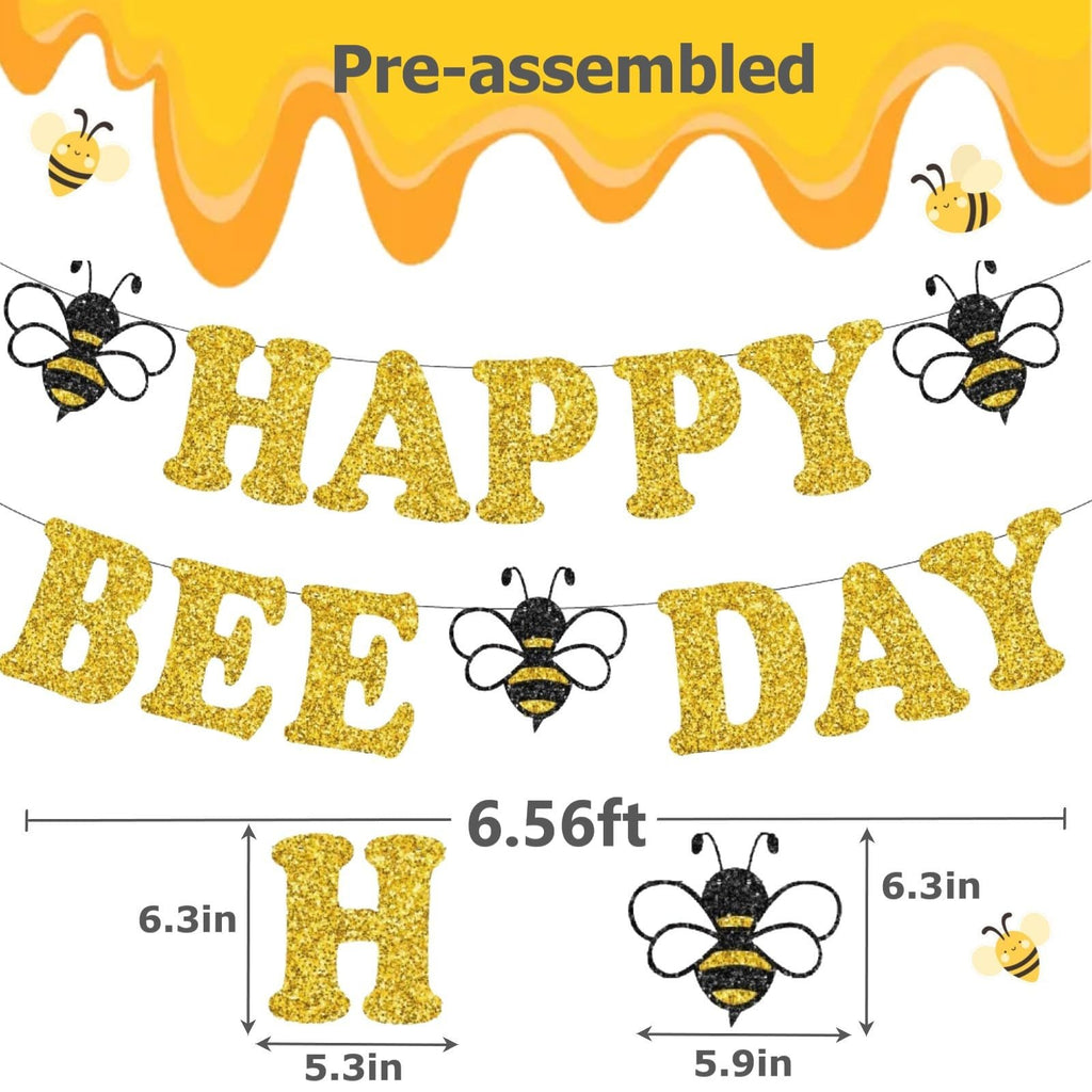 Bee Birthday Party Decorations – Glitter Happy Bee Day Banner with Hanging Swirls, Gold Cardstock, Pre-Strung, 14 Pieces