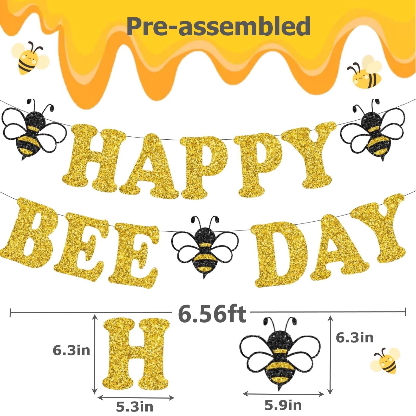 Bee Birthday Party Decorations – Glitter Happy Bee Day Banner with Hanging Swirls, Gold Cardstock, Pre-Strung, 14 Pieces