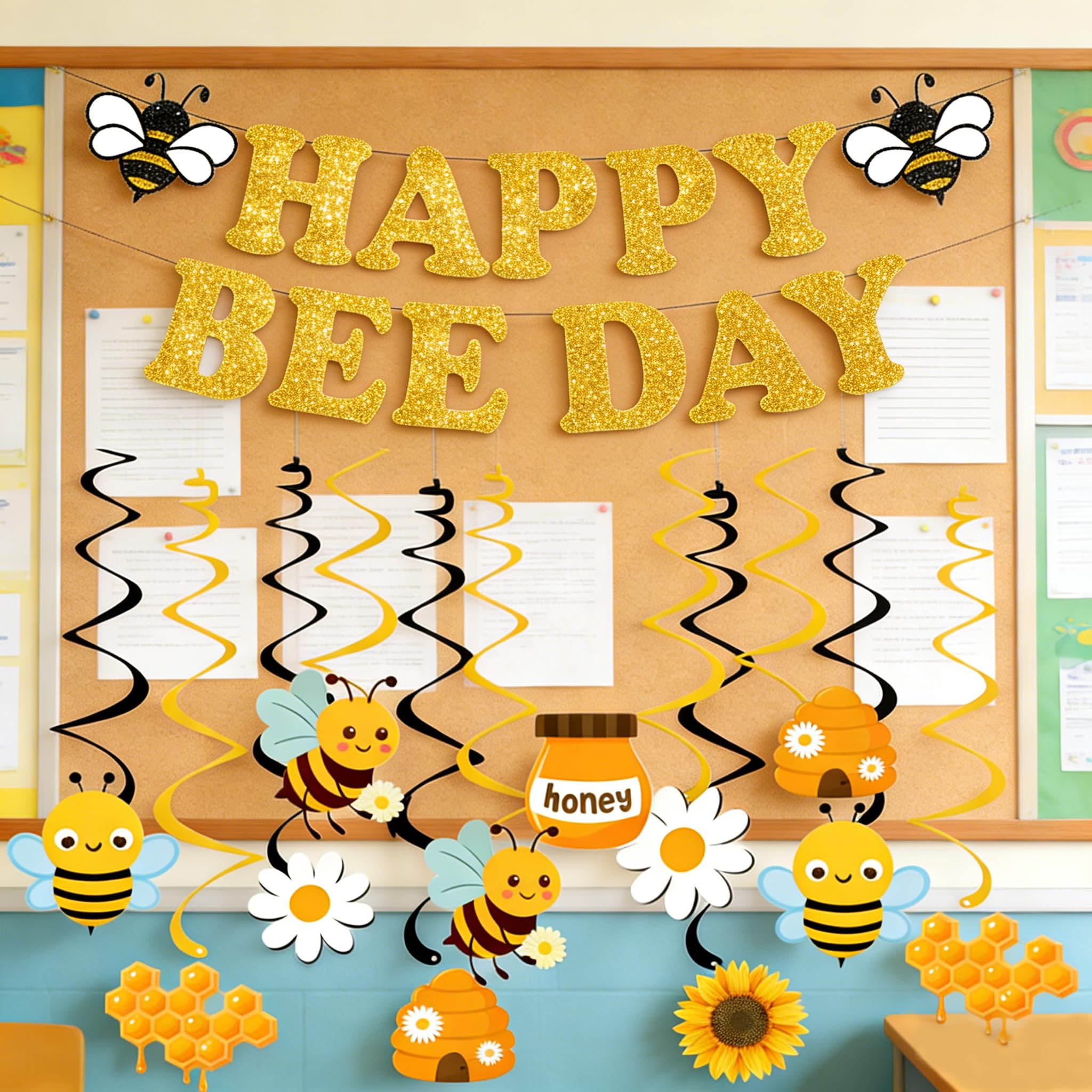 Bee Birthday Party Decorations – Glitter Happy Bee Day Banner with Hanging Swirls, Gold Cardstock, Pre-Strung, 14 Pieces