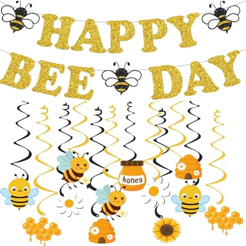 Bee Birthday Party Decorations – Glitter Happy Bee Day Banner with Hanging Swirls, Gold Cardstock, Pre-Strung, 14 Pieces
