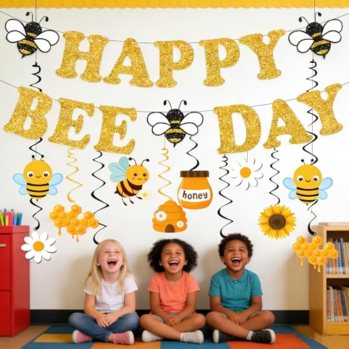 Bee Birthday Party Decorations – Glitter Happy Bee Day Banner with Hanging Swirls, Gold Cardstock, Pre-Strung, 14 Pieces