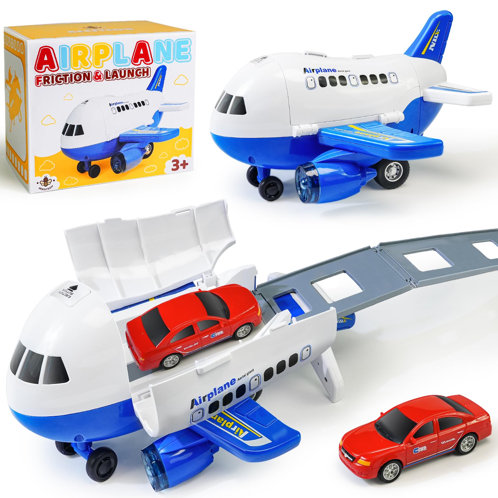 Beestech Friction Powered Airplane Toy with Car Launcher and Runway – 9 Inch Blue Plane for Toddlers Ages 3-6