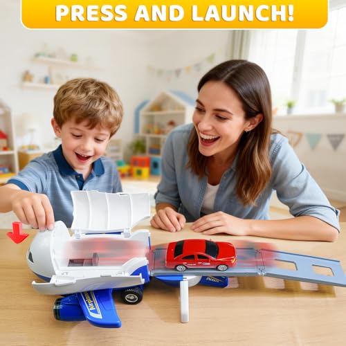 Beestech Friction Powered Airplane Toy with Car Launcher and Runway – 9 Inch Blue Plane for Toddlers Ages 3-6