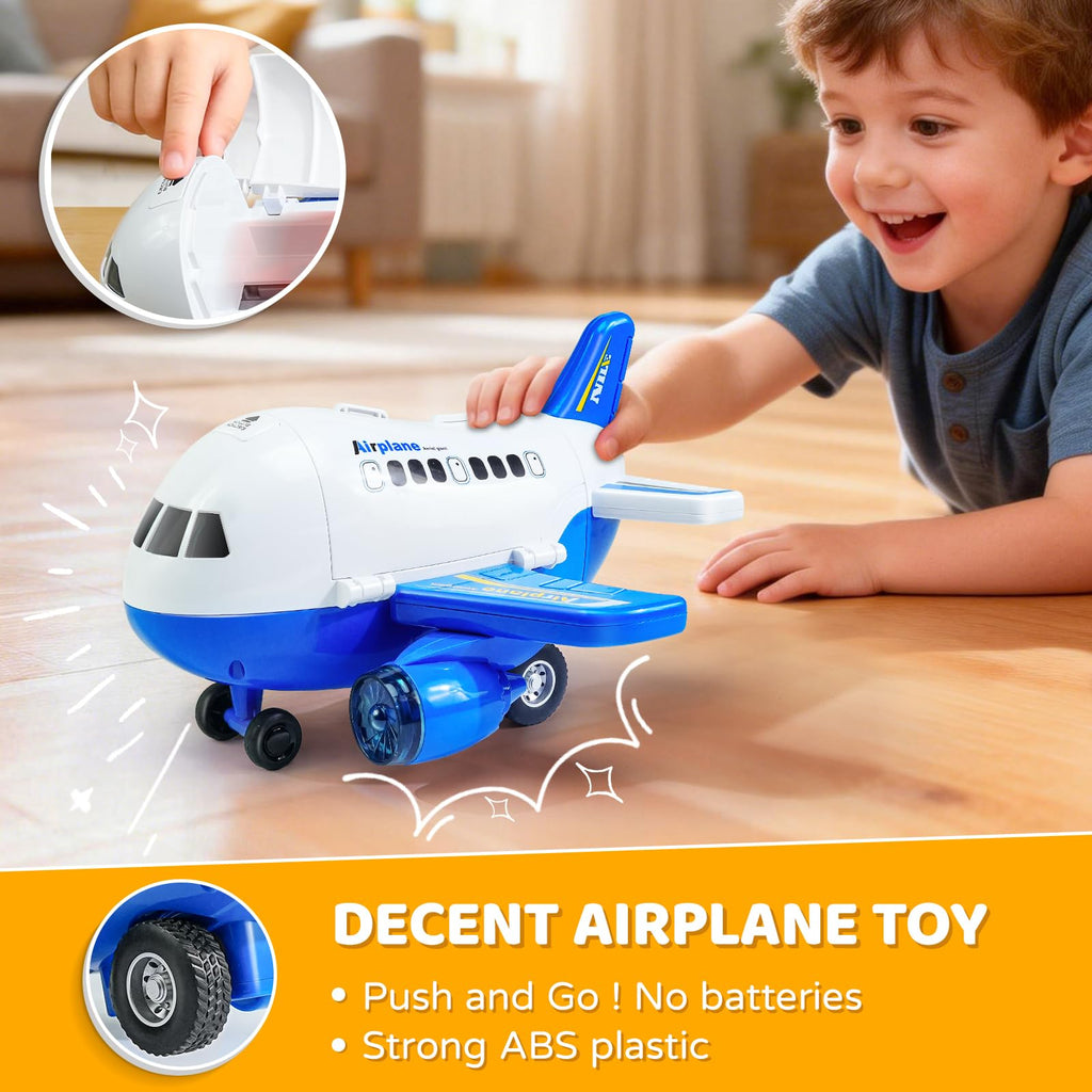 Beestech Friction Powered Airplane Toy with Car Launcher and Runway – 9 Inch Blue Plane for Toddlers Ages 3-6