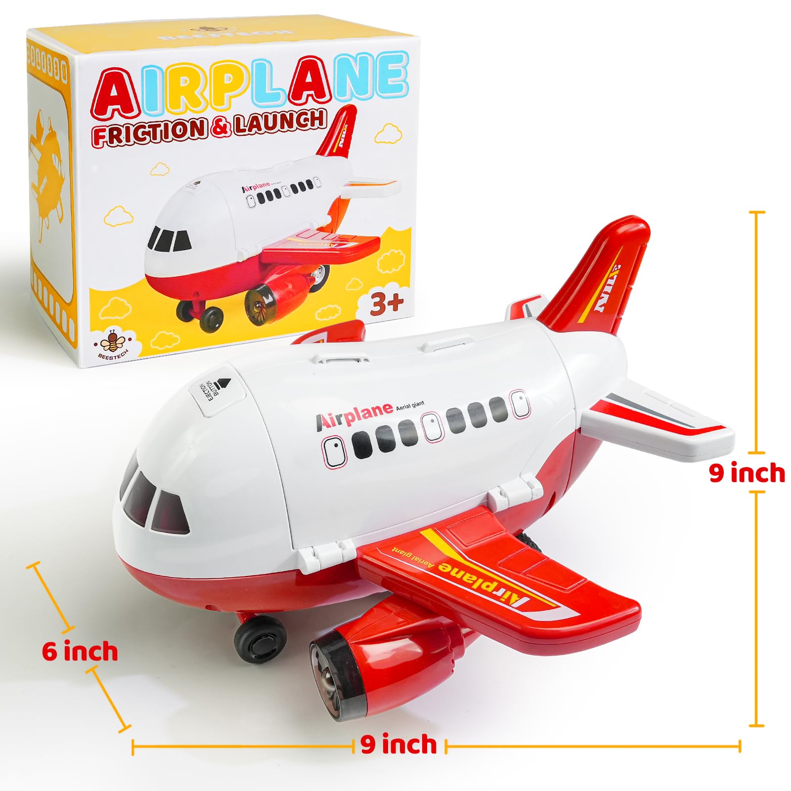 Beestech Friction-Powered Airplane Toy with Runway and Car - 9 Inch, No Batteries, Gift for Ages 3-6
