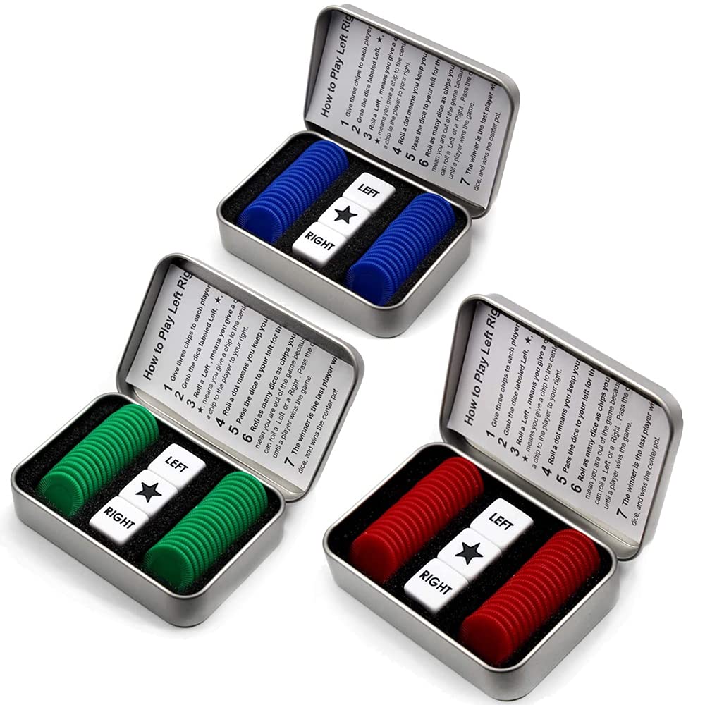 Befantasway Left Right Center Dice Game Set – 3 Tins with 108 Chips and 9 Dice