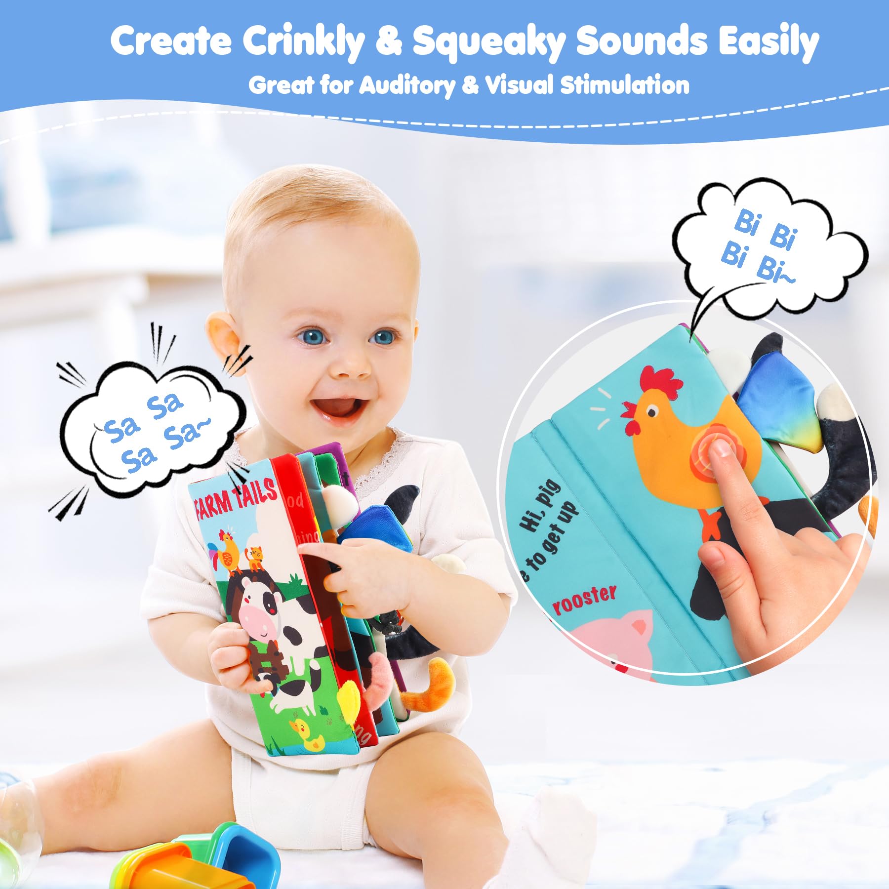 beiens Baby Cloth Book - Touch & Feel Crinkle Farm Tails Soft Book for Infants, Toddlers, 0-12 Months