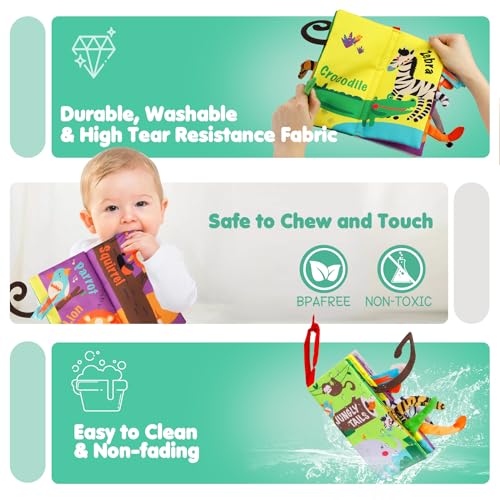 beiens Baby Cloth Book – Crinkle, Squeaker & Sensory Tails for 0-18 Months