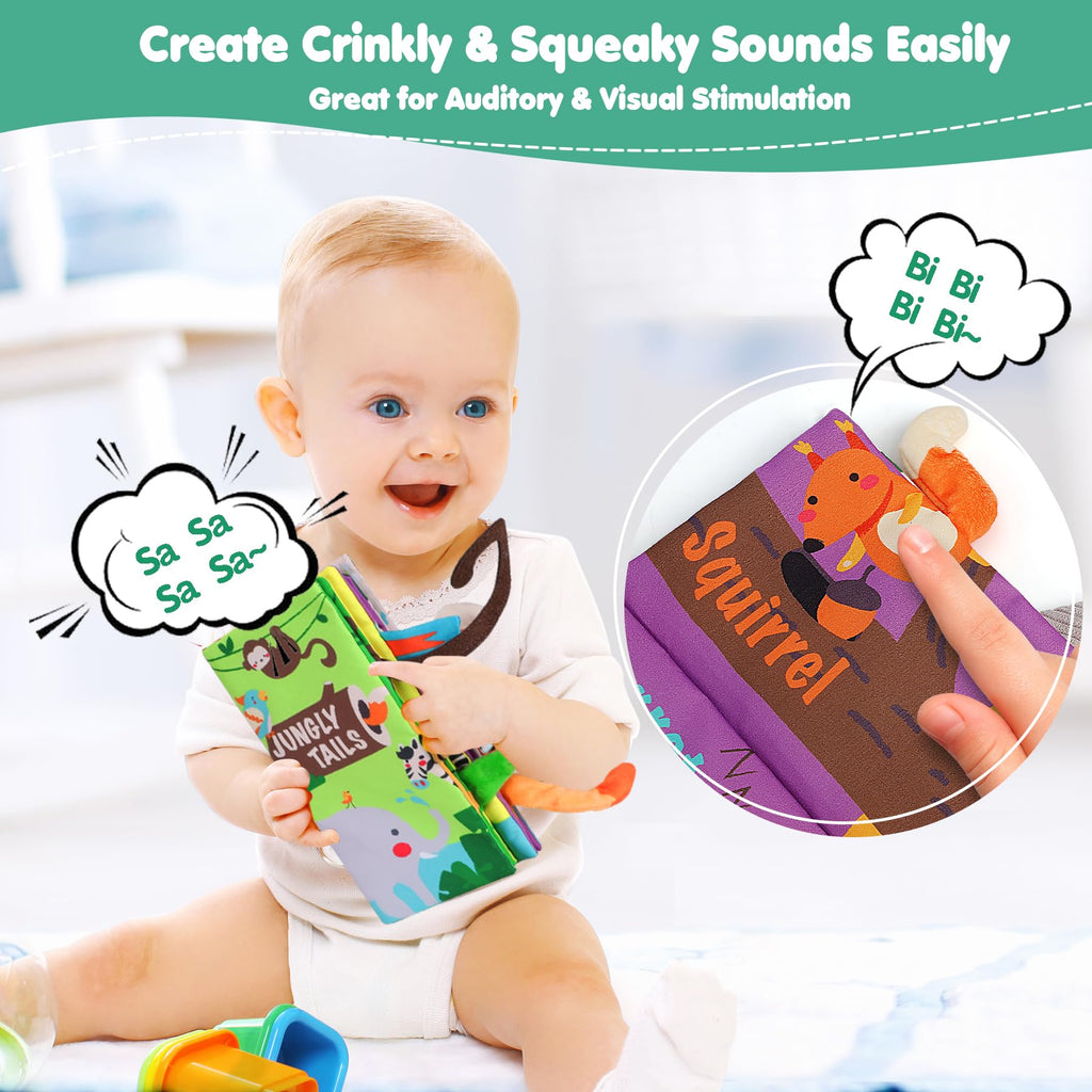 beiens Baby Cloth Book – Crinkle, Squeaker & Sensory Tails for 0-18 Months