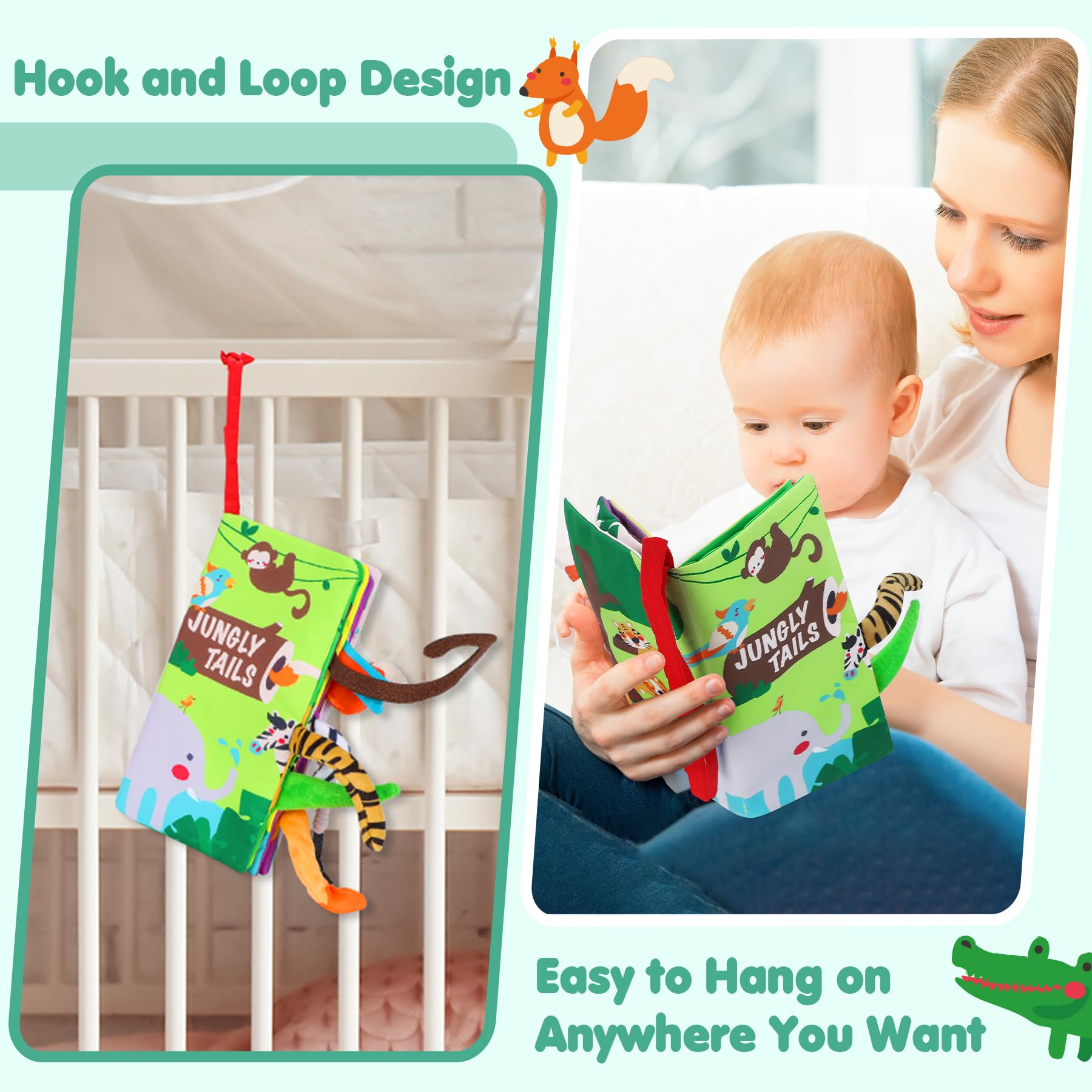 beiens Baby Cloth Book – Crinkle, Squeaker & Sensory Tails for 0-18 Months
