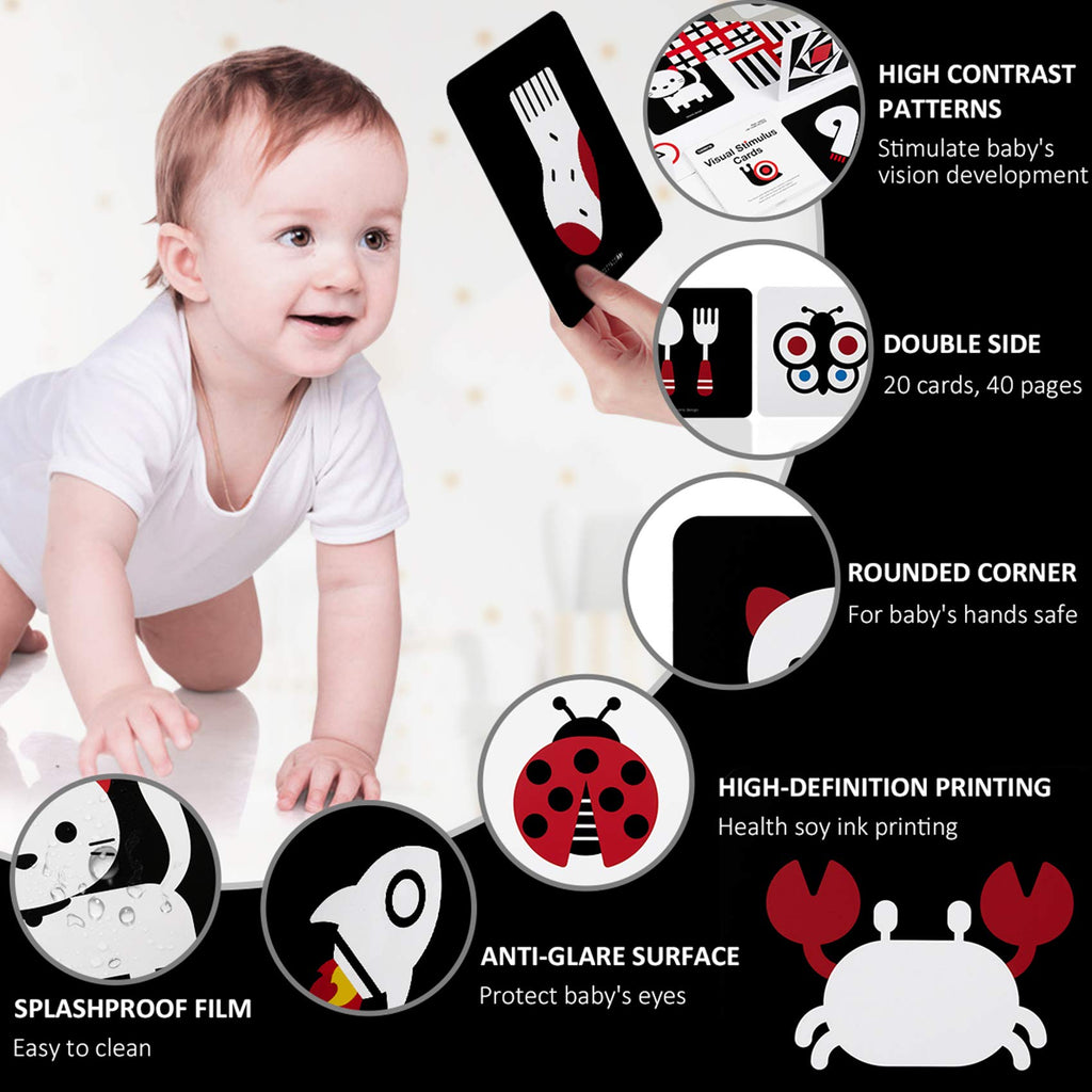 beiens High Contrast Baby Flashcards – Black & White Visual Stimulation Cards for 3-6 Months, 20 Double-Sided Cards with Anti-Glare Matte Finish