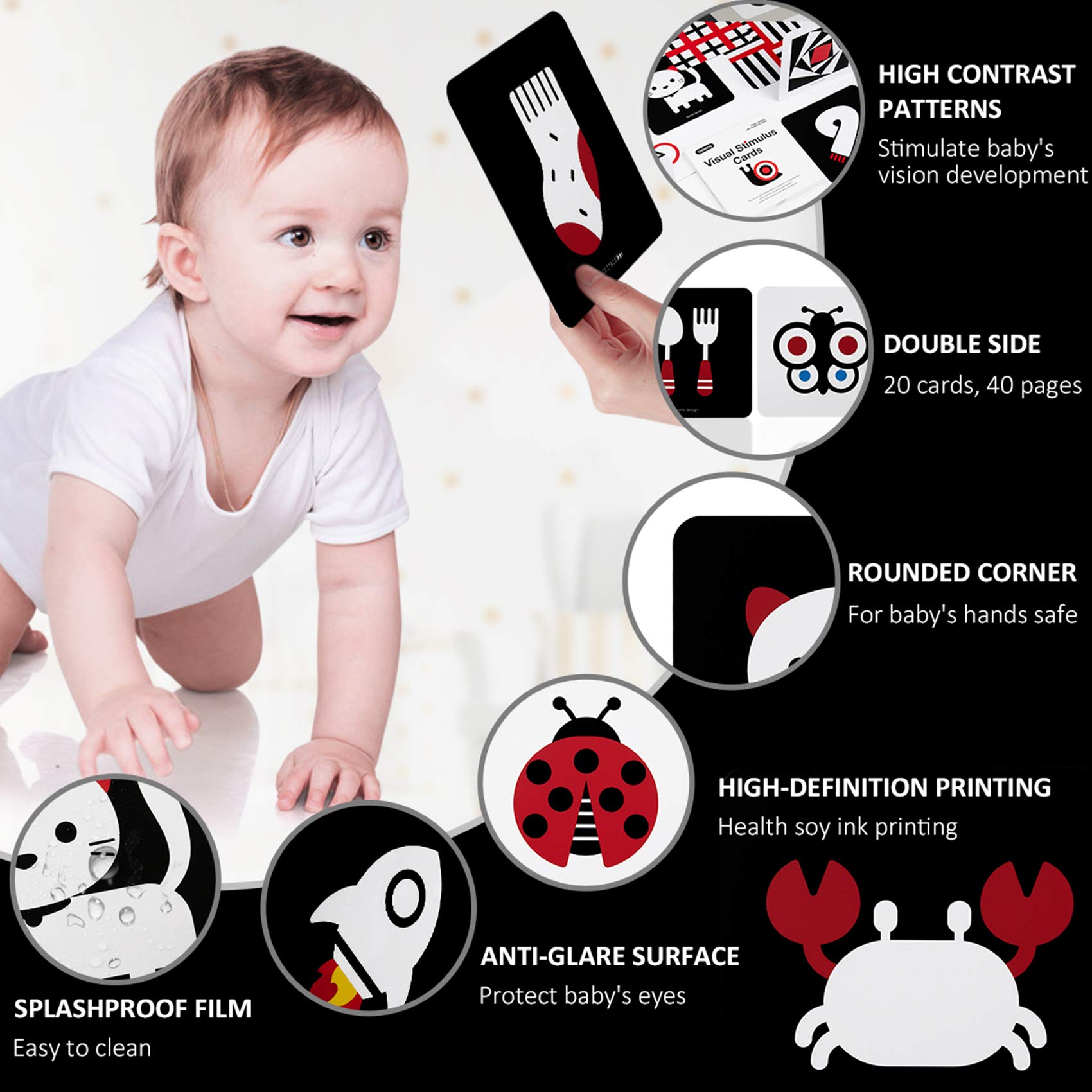 beiens High Contrast Baby Flashcards – Black & White Visual Stimulation Cards for 3-6 Months, 20 Double-Sided Cards with Anti-Glare Matte Finish