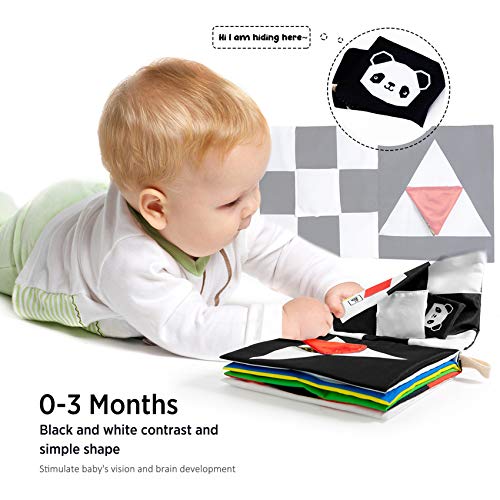 beiens High Contrast Black and White Baby Book – Soft Cloth Sensory Toy with Mirror, Crinkle, and Bibi Sound for 0-12 Months