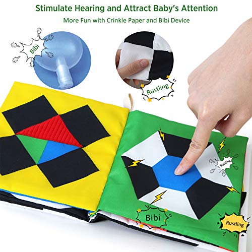 beiens High Contrast Black and White Baby Book – Soft Cloth Sensory Toy with Mirror, Crinkle, and Bibi Sound for 0-12 Months