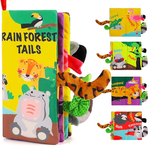 beiens Rainforest Tails Soft Cloth Book – Sensory Toy with Crinkle & Squeaker for Infants