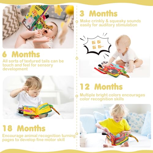 beiens Rainforest Tails Soft Cloth Book – Sensory Toy with Crinkle & Squeaker for Infants