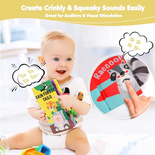 beiens Rainforest Tails Soft Cloth Book – Sensory Toy with Crinkle & Squeaker for Infants