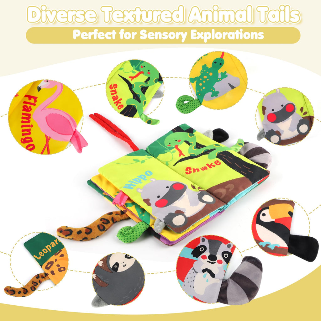 beiens Rainforest Tails Soft Cloth Book – Sensory Toy with Crinkle & Squeaker for Infants